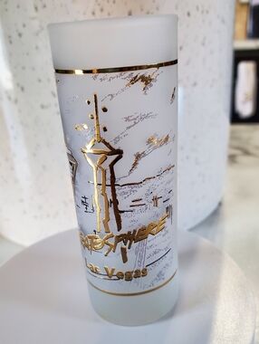 Vintage Stratosphere  Las Vegas Tall Frosted Shot Glass w/ Gold